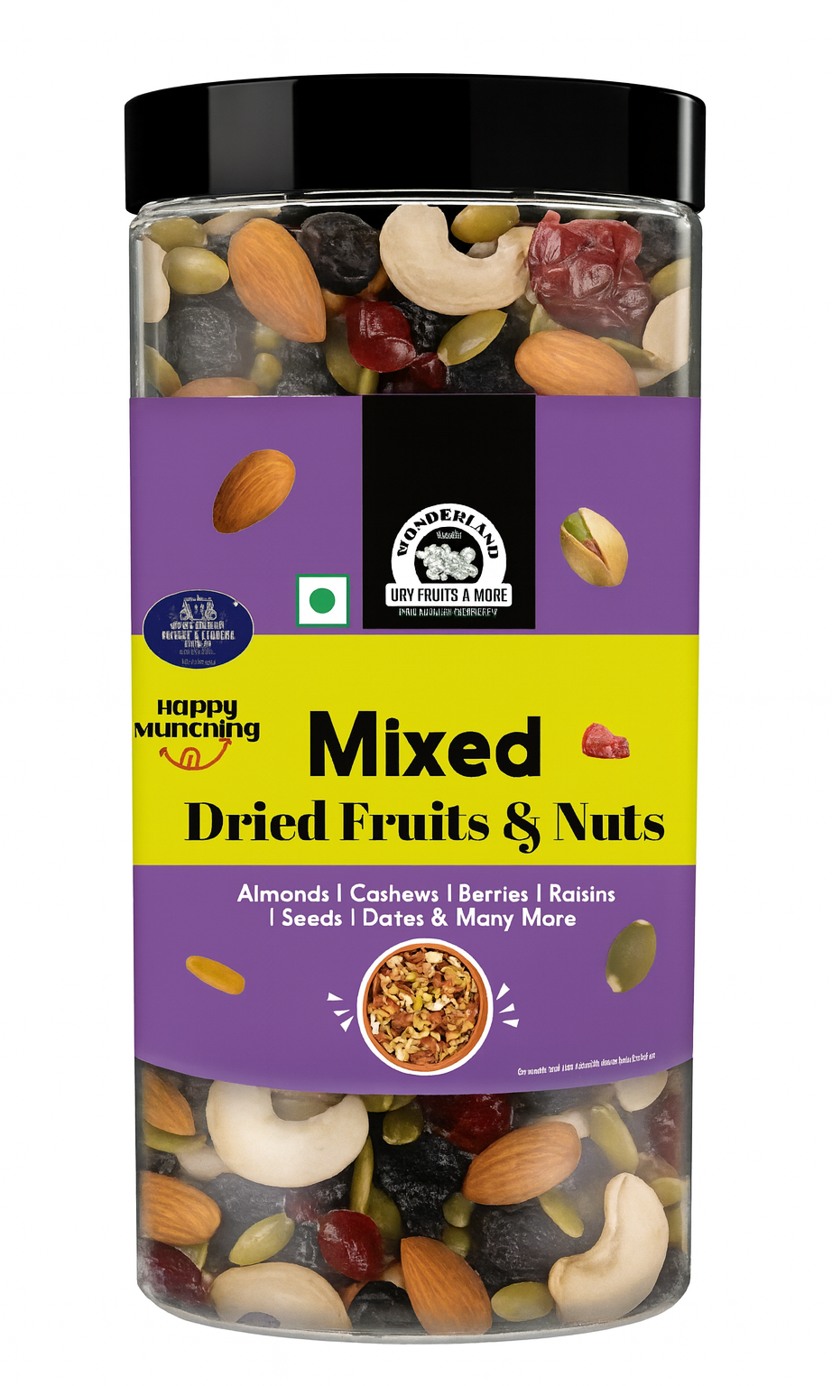 Jar of mixed dried fruits and nuts with a colorful label on a white background
