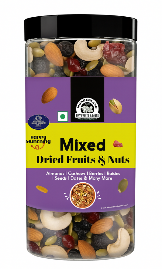 Jar of mixed dried fruits and nuts with a colorful label on a white background